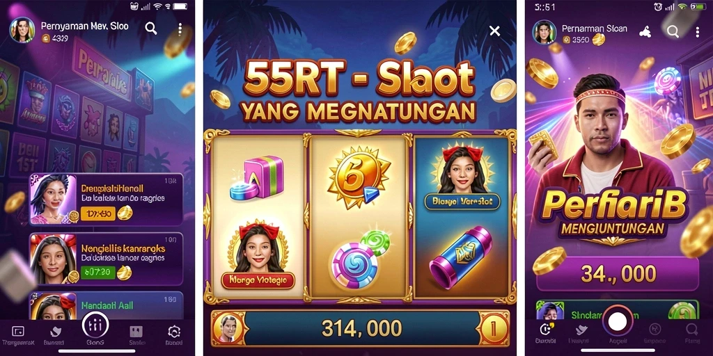 Tampilan gameplay seru dari permainan Slot 55RT dengan berbagai tema.
