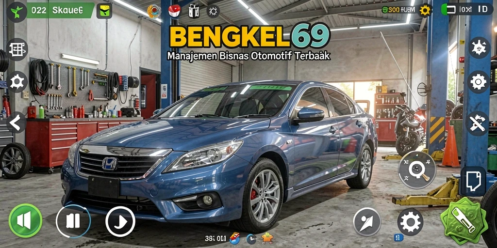 Tangkapan layar menunjukkan pemain mengelola bengkel otomotif.