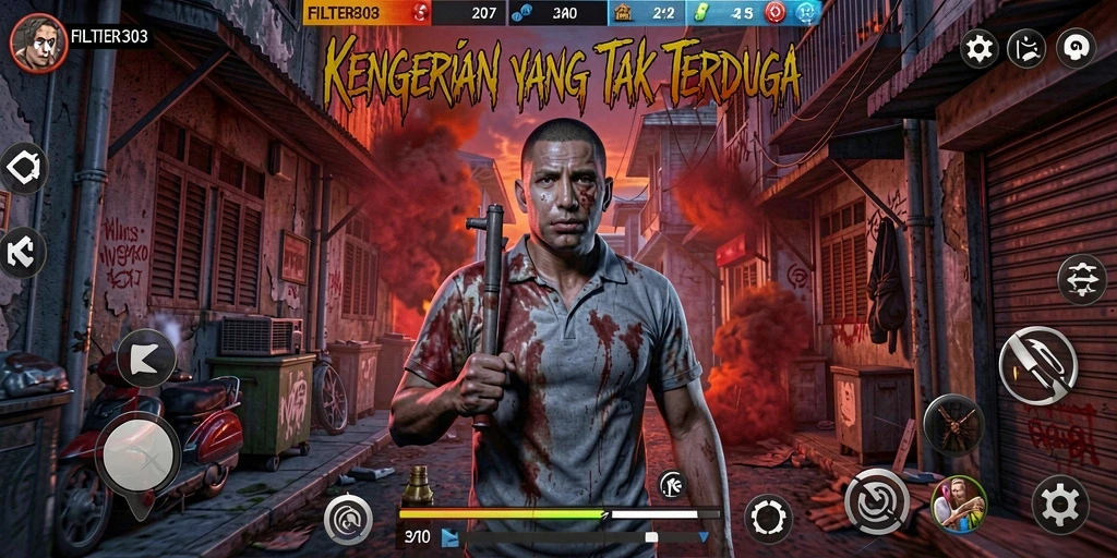 Screenshot menampilkan suasana mencekam dalam gameplay FILTER303.