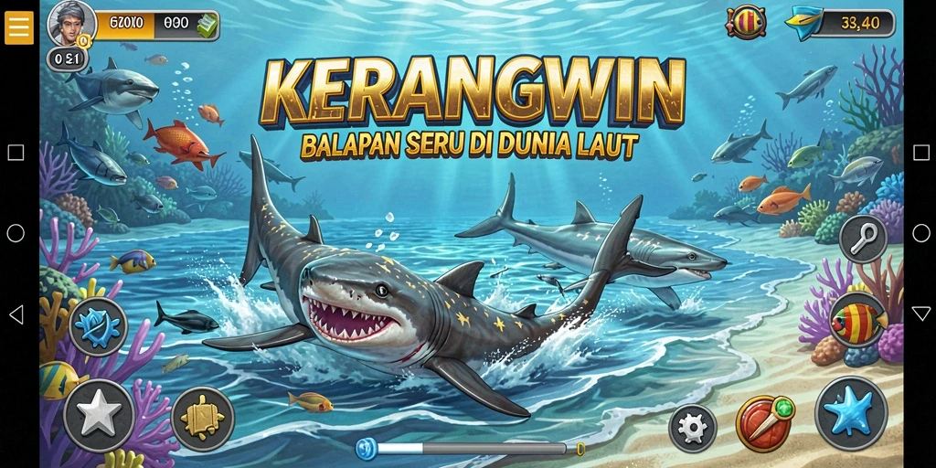 Screenshot gameplay KERANGWIN yang menampilkan balapan menegangkan di bawah laut.