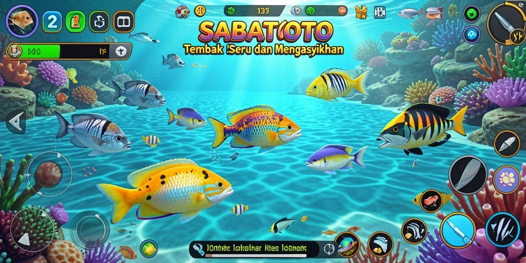 Screenshot SABATOTO menampilkan gameplay seru saat menembak ikan.